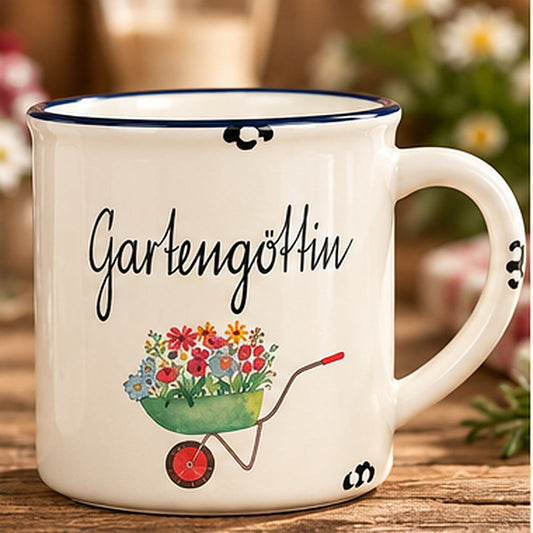 Tasse Gartengöttin, Emaille-Look