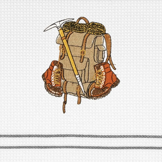 Geschirrtuch Rucksack mit Eispickel und Bergschuhen
