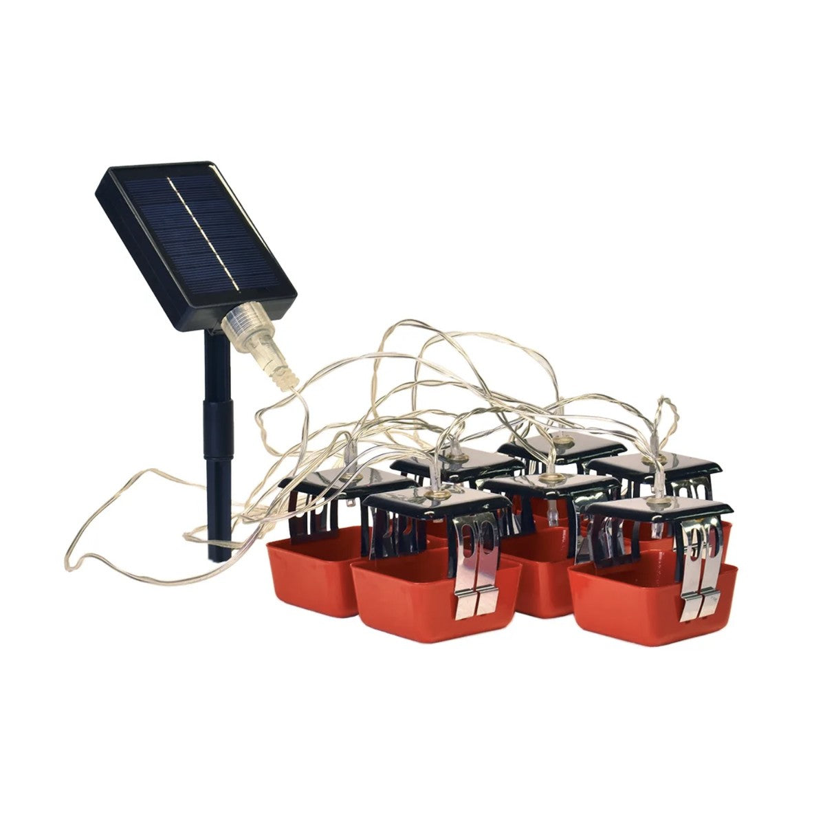 LED-Solarlichterkette Gondel mit sieben roten Gondeln und Solarpanel