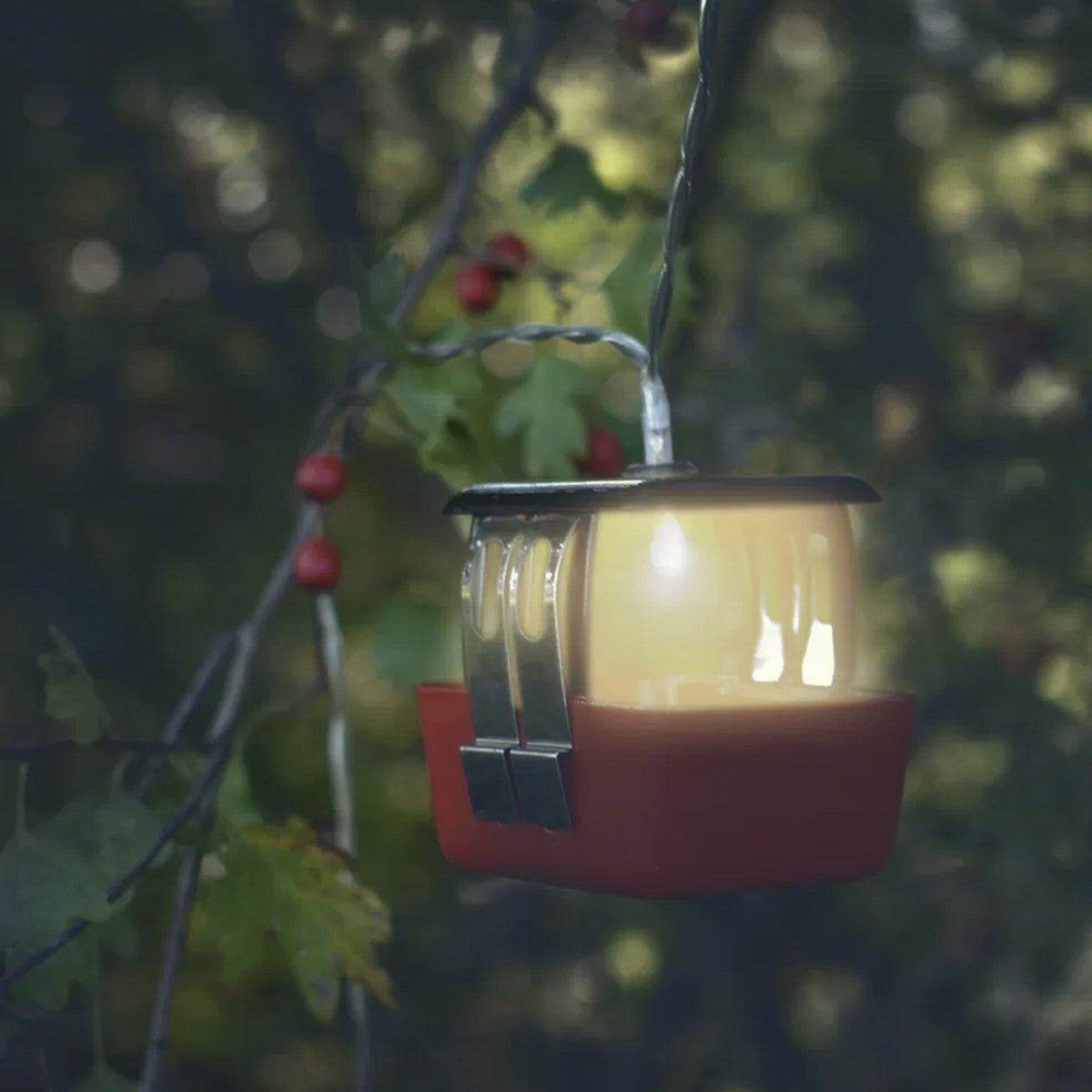 Leuchtende rote Gondel der Lichterkette in der Dämmerung