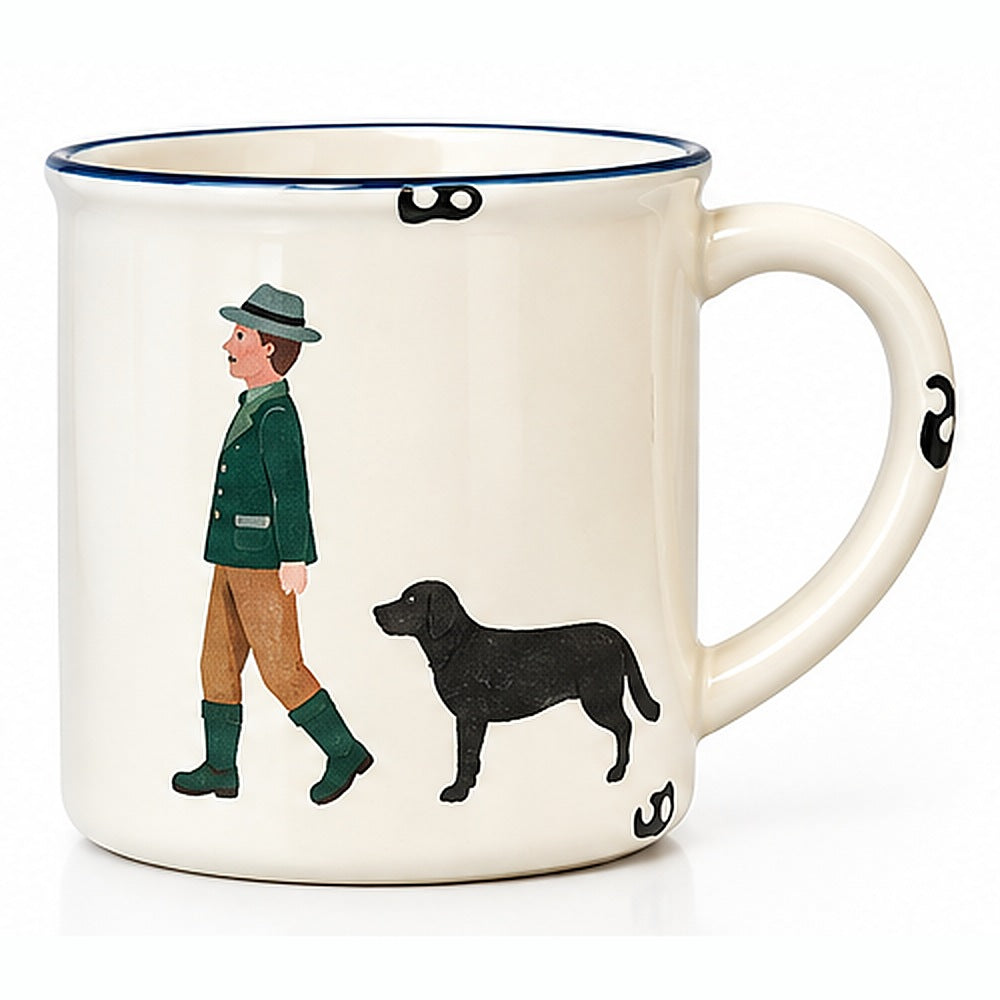 Becher Jäger mit Hund, Emaille-Look