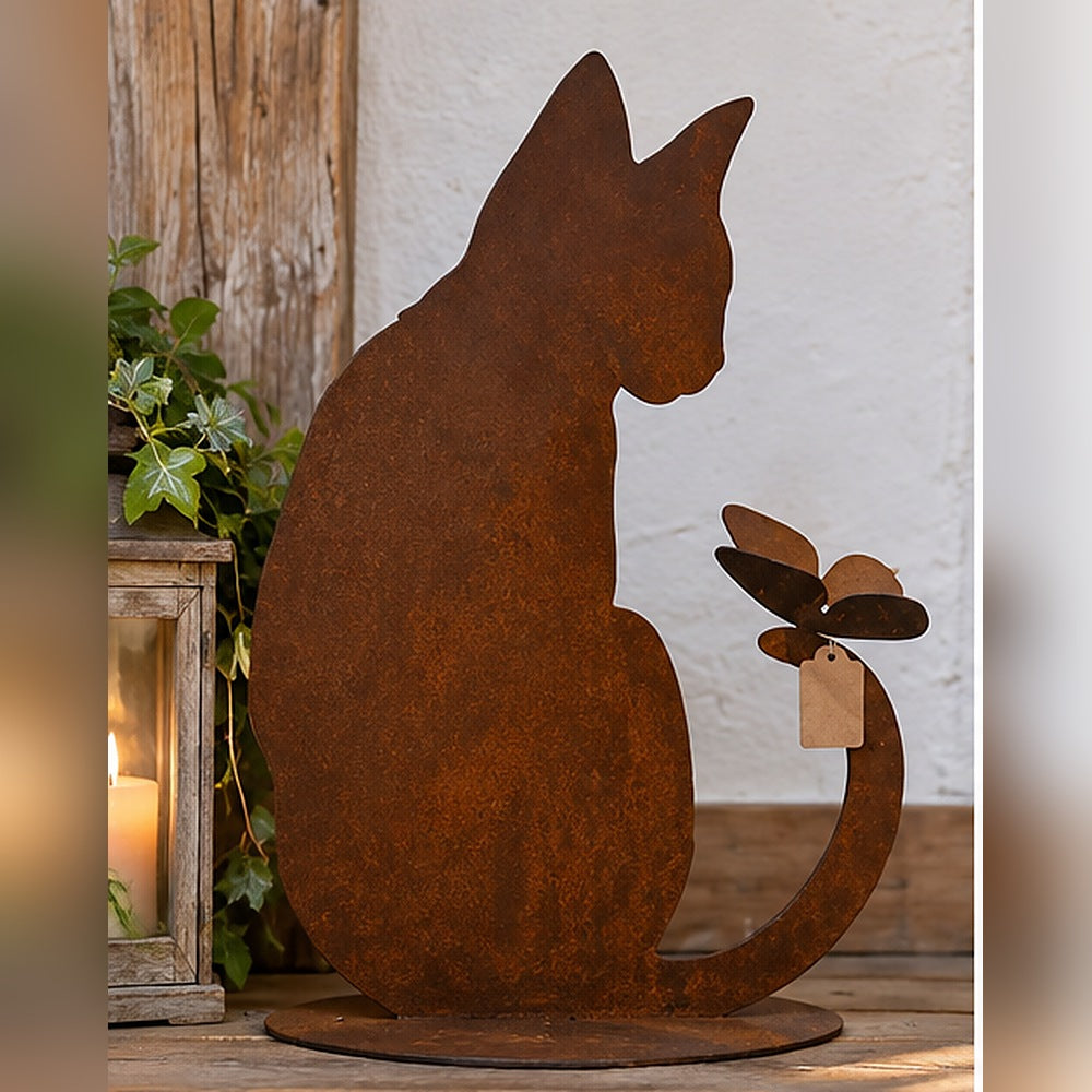 Edelrost-Figur Katze mit Schmetterling