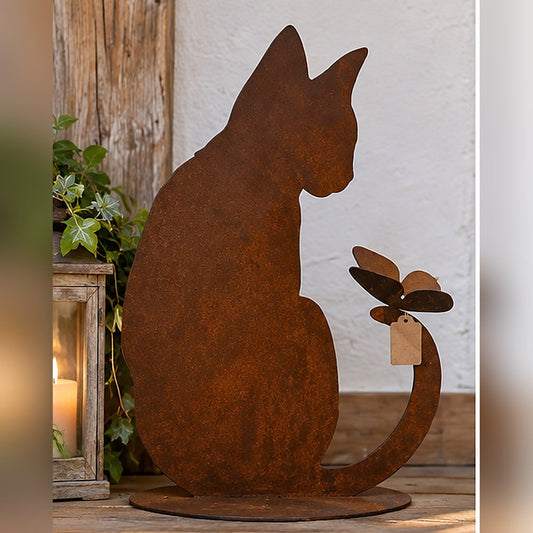 Edelrost-Figur Katze mit Schmetterling