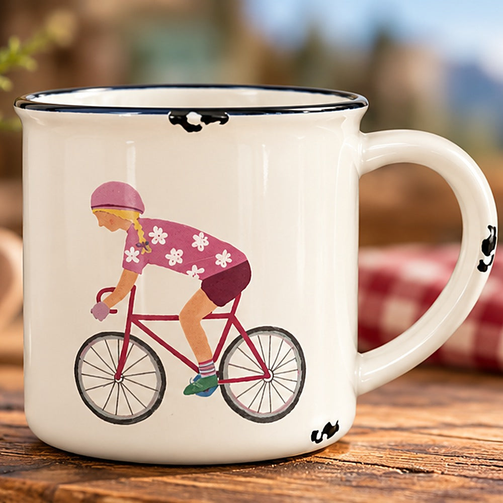 Tasse Radfahrerin rosa, Emaille-Look