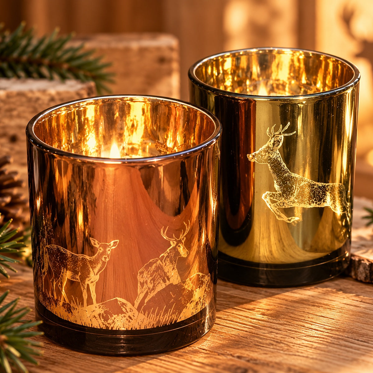 Alpines Teelicht in Grün-Gold und Bronze-Gold mit Reh- und Hirschmotiv